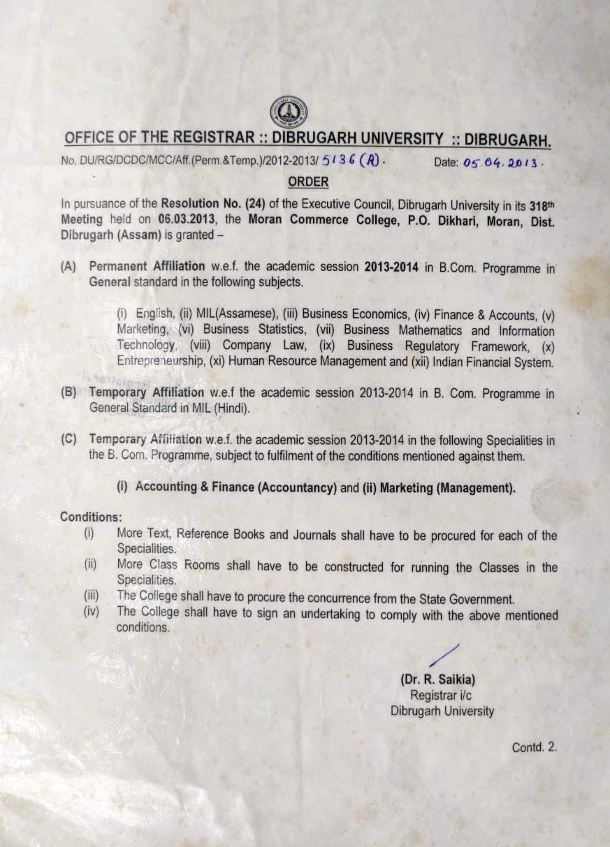 PERMANENT AFFILIATION – MORAN COMMERCE COLLEGE